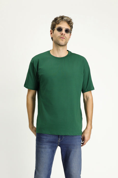 Koyu Yeşil Bisiklet Yaka Oversize Süprem Pamuk Tişört