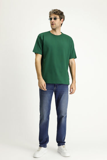  Koyu Yeşil Bisiklet Yaka Oversize Süprem Pamuk Tişört