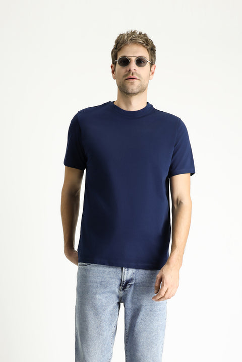 Orta Lacivert Bisiklet Yaka Regular Fit %100 Pamuk Tişört