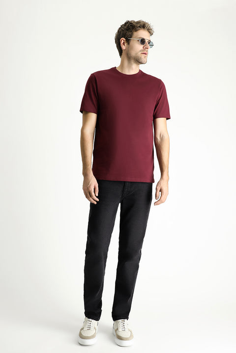 Koyu Bordo Bisiklet Yaka Regular Fit %100 Pamuk Tişört