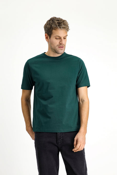 Koyu Yeşil Bisiklet Yaka Regular Fit %100 Pamuk Tişört