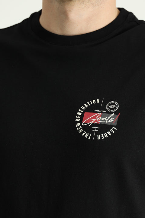 Siyah Bisiklet Yaka Regular Fit Baskılı Süprem Pamuk Tişört