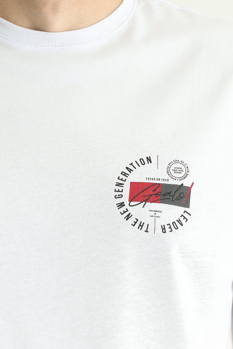 Beyaz Bisiklet Yaka Regular Fit Baskılı Süprem Pamuk Tişört