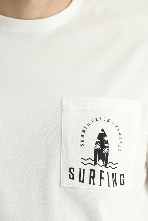 Ekru Bisiklet Yaka Regular Fit Baskılı Süprem Pamuk Tişört