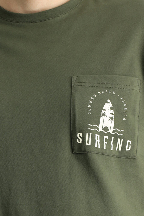 Orta Haki Bisiklet Yaka Regular Fit Baskılı Süprem Pamuk Tişört