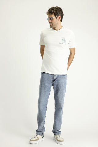  Ekru Bisiklet Yaka Regular Fit Baskılı Süprem Pamuk Tişört