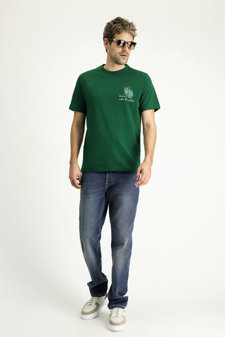  Koyu Yeşil Bisiklet Yaka Regular Fit Baskılı Süprem Pamuk Tişört