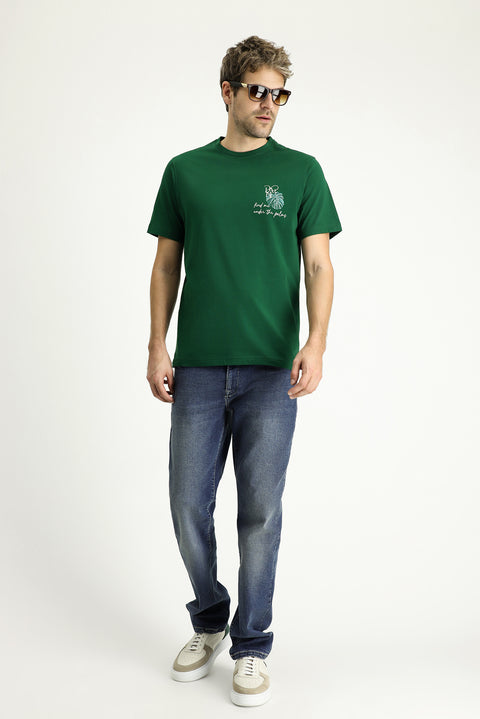Koyu Yeşil Bisiklet Yaka Regular Fit Baskılı Süprem Pamuk Tişört