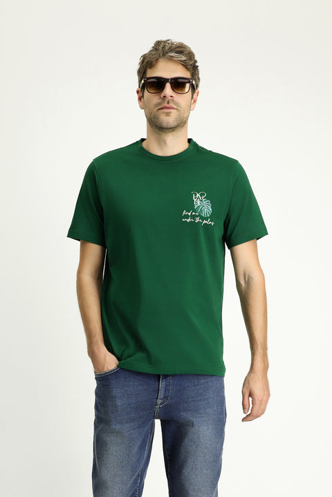 Koyu Yeşil Bisiklet Yaka Regular Fit Baskılı Süprem Pamuk Tişört