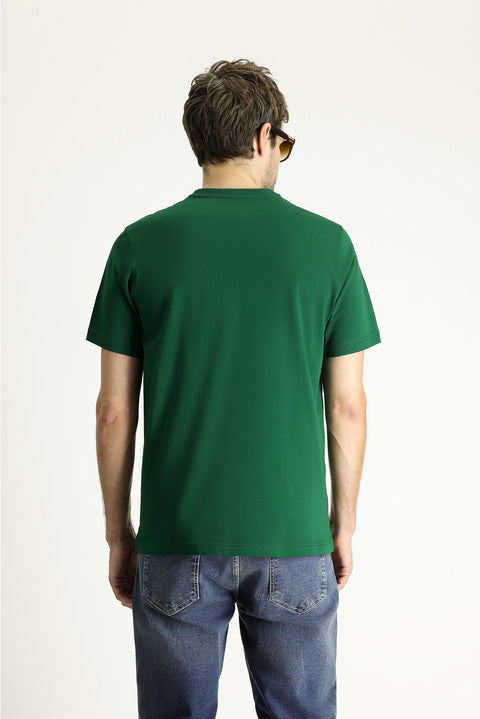 Koyu Yeşil Bisiklet Yaka Regular Fit Baskılı Süprem Pamuk Tişört