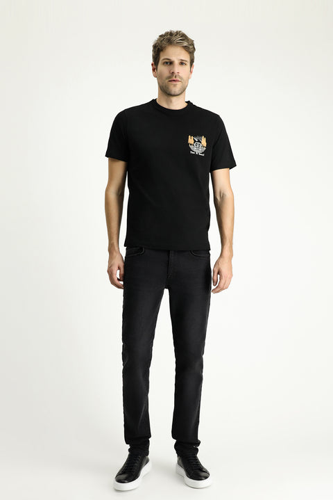 Siyah Bisiklet Yaka Regular Fit Baskılı Süprem Pamuk Tişört