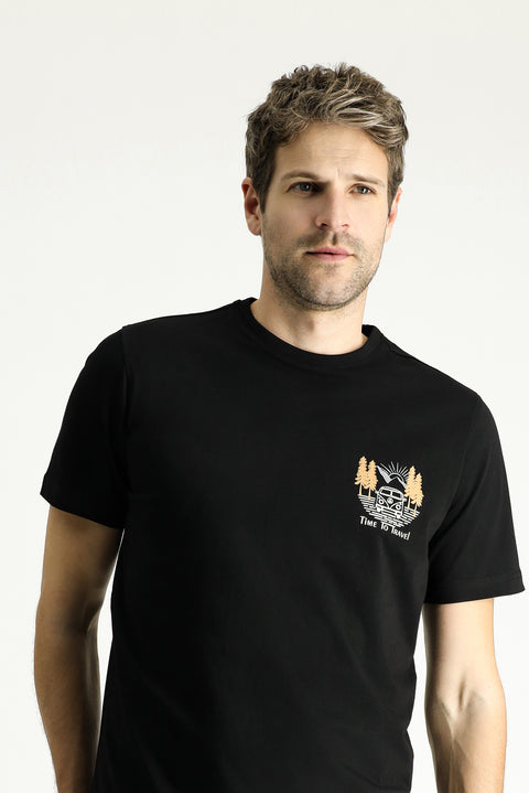 Siyah Bisiklet Yaka Regular Fit Baskılı Süprem Pamuk Tişört