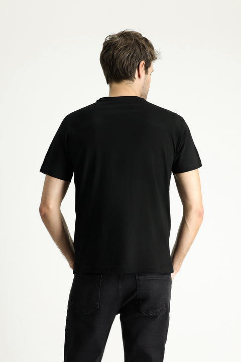 Siyah Bisiklet Yaka Regular Fit Baskılı Süprem Pamuk Tişört