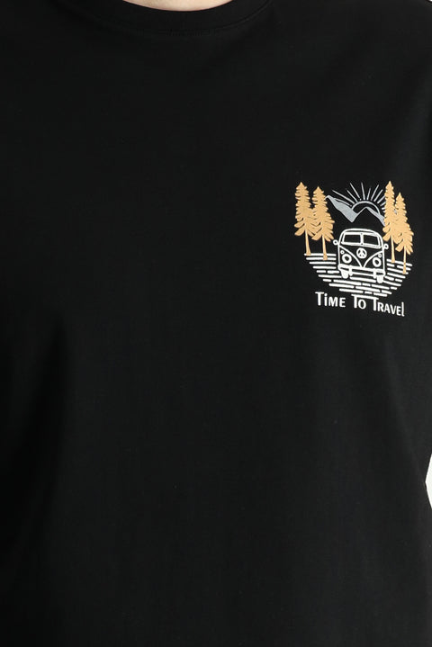 Siyah Bisiklet Yaka Regular Fit Baskılı Süprem Pamuk Tişört