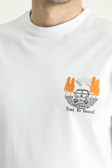 Beyaz Bisiklet Yaka Regular Fit Baskılı Süprem Pamuk Tişört