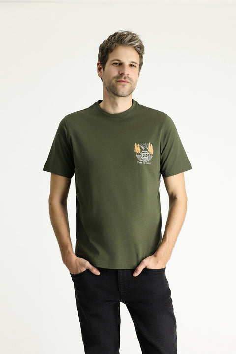 Orta Haki Bisiklet Yaka Regular Fit Baskılı Süprem Pamuk Tişört