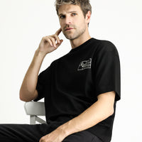 Siyah Bisiklet Yaka Oversize Baskılı Süprem Pamuk Tişört