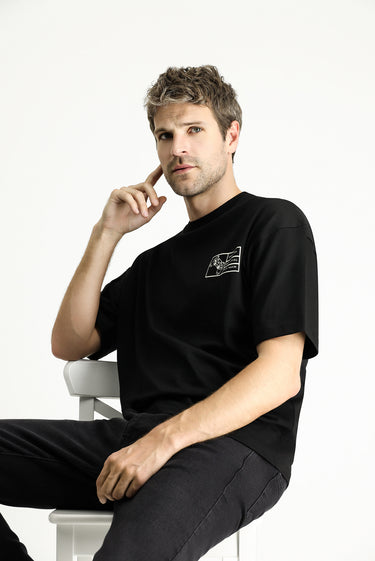 Siyah Bisiklet Yaka Oversize Baskılı Süprem Pamuk Tişört