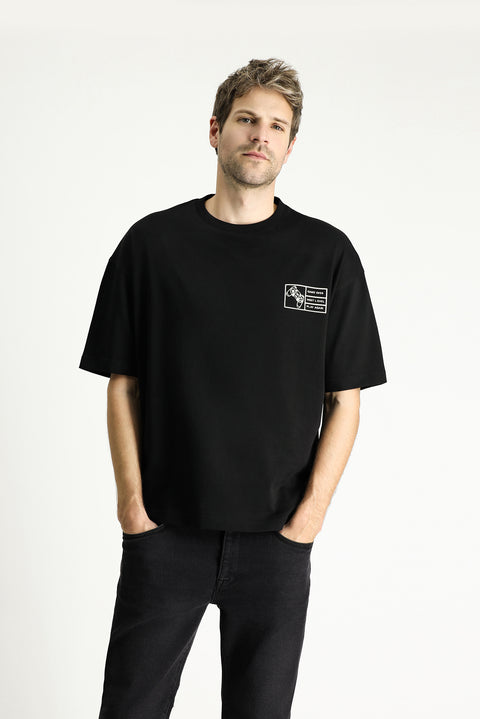 Siyah Bisiklet Yaka Oversize Baskılı Süprem Pamuk Tişört