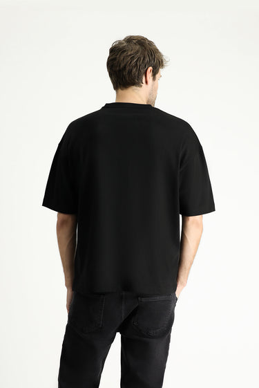 Siyah Bisiklet Yaka Oversize Baskılı Süprem Pamuk Tişört