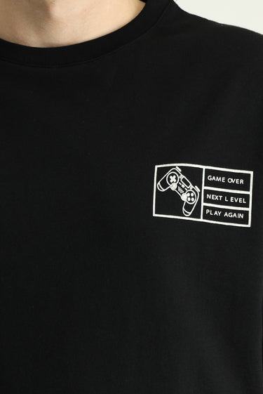 Siyah Bisiklet Yaka Oversize Baskılı Süprem Pamuk Tişört