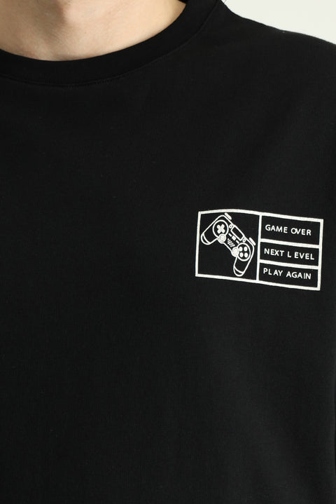 Siyah Bisiklet Yaka Oversize Baskılı Süprem Pamuk Tişört