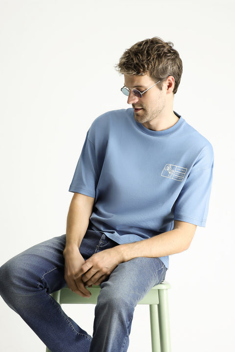 Havacı Mavi Bisiklet Yaka Oversize Baskılı Süprem Pamuk Tişört