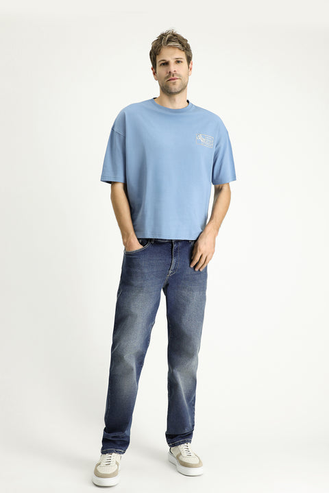 Aviator Blue Crew Neck Oversize Printed Supreme Cotton T-Shirt
