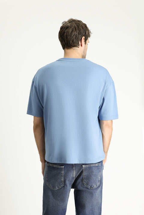 Havacı Mavi Bisiklet Yaka Oversize Baskılı Süprem Pamuk Tişört
