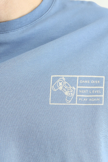 Havacı Mavi Bisiklet Yaka Oversize Baskılı Süprem Pamuk Tişört