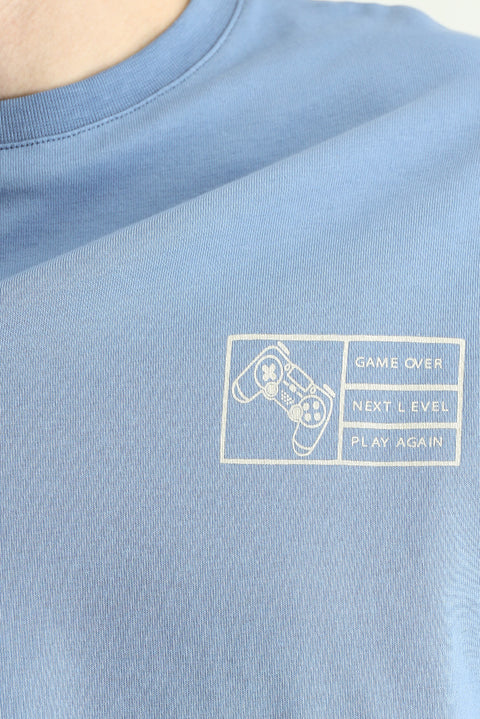 Havacı Mavi Bisiklet Yaka Oversize Baskılı Süprem Pamuk Tişört