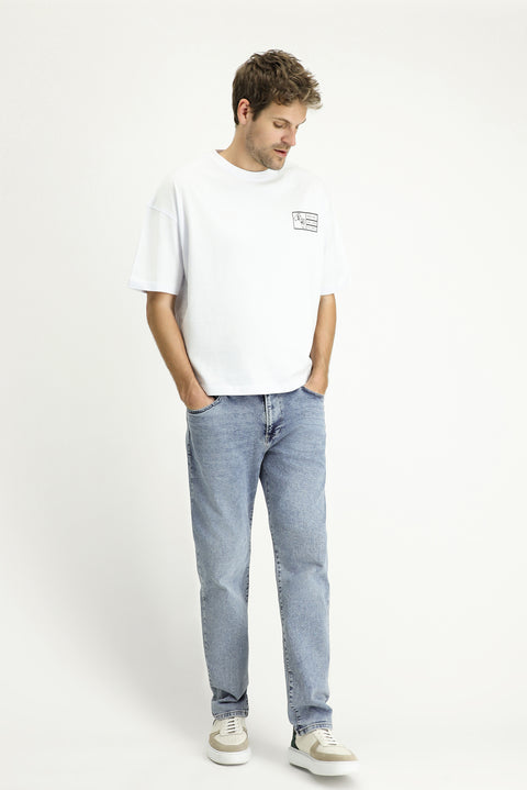 Beyaz Bisiklet Yaka Oversize Baskılı Süprem Pamuk Tişört