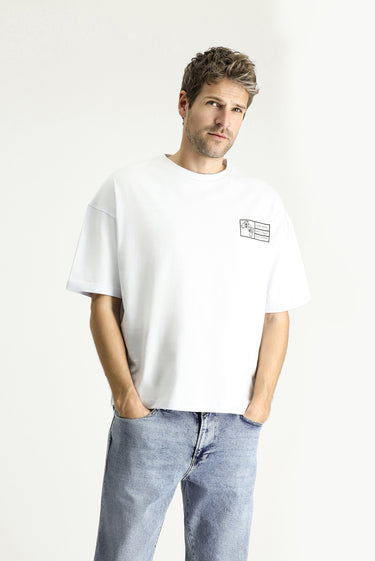  Beyaz Bisiklet Yaka Oversize Baskılı Süprem Pamuk Tişört