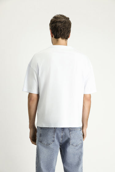  Beyaz Bisiklet Yaka Oversize Baskılı Süprem Pamuk Tişört