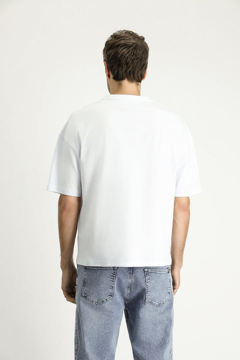 Beyaz Bisiklet Yaka Oversize Baskılı Süprem Pamuk Tişört