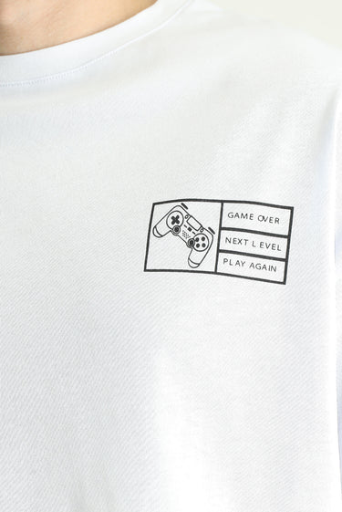 Beyaz Bisiklet Yaka Oversize Baskılı Süprem Pamuk Tişört