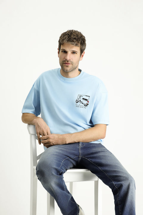 Açık Mavi Bisiklet Yaka Oversize Baskılı Süprem Pamuk Tişört