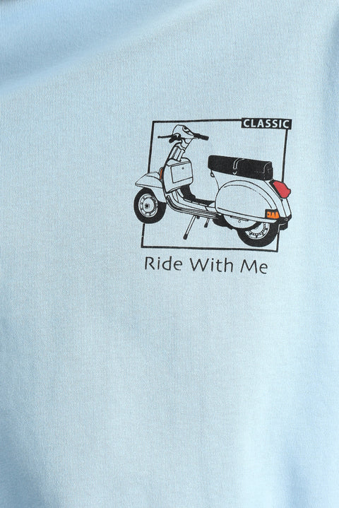 Açık Mavi Bisiklet Yaka Oversize Baskılı Süprem Pamuk Tişört