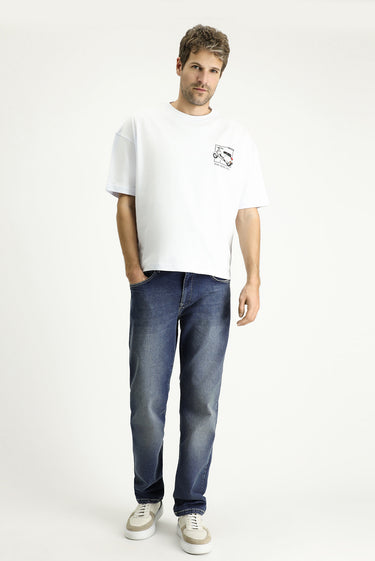 Beyaz Bisiklet Yaka Oversize Baskılı Süprem Pamuk Tişört