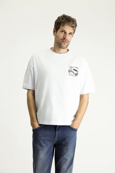Beyaz Bisiklet Yaka Oversize Baskılı Süprem Pamuk Tişört