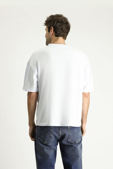 Beyaz Bisiklet Yaka Oversize Baskılı Süprem Pamuk Tişört