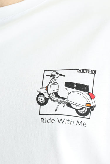 Beyaz Bisiklet Yaka Oversize Baskılı Süprem Pamuk Tişört