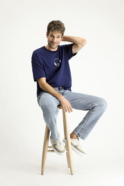 Orta Lacivert  Bisiklet Yaka Oversize Baskılı Süprem Pamuk Tişört