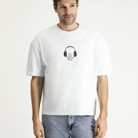 Beyaz Bisiklet Yaka Oversize Baskılı Süprem Pamuk Tişört