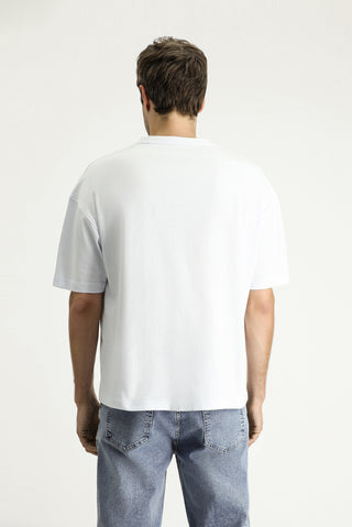  Beyaz Bisiklet Yaka Oversize Baskılı Süprem Pamuk Tişört