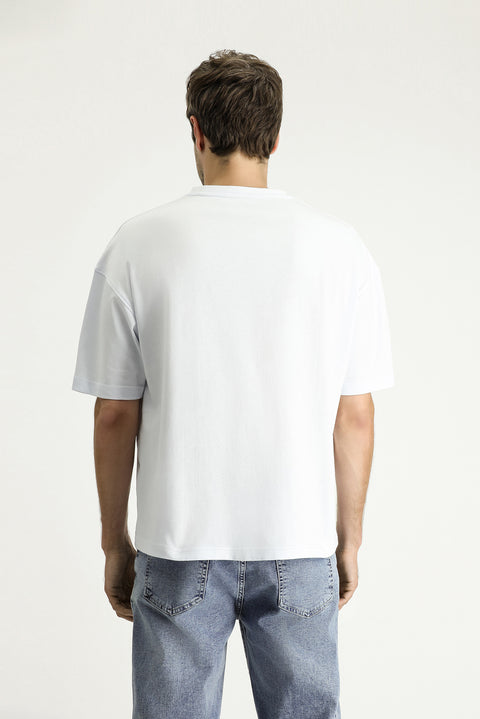 Beyaz Bisiklet Yaka Oversize Baskılı Süprem Pamuk Tişört