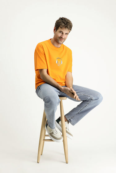  Orta Turuncu Bisiklet Yaka Oversize Baskılı Süprem Pamuk Tişört