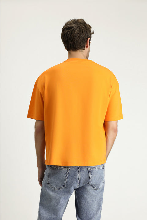 Orta Turuncu Bisiklet Yaka Oversize Baskılı Süprem Pamuk Tişört