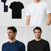 Beyaz-Siyah-Lacivert Bisiklet Yaka Regular Fit %100 Pamuk 3'lü Tişört Seti