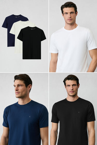  Beyaz-Siyah-Lacivert Bisiklet Yaka Regular Fit %100 Pamuk 3'lü Tişört Seti